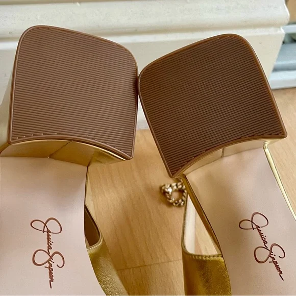 Jessica Simpson Women's Sylan Gold Metallic Square Heels, Chain Straps, Cutout - Picture 6 of 11